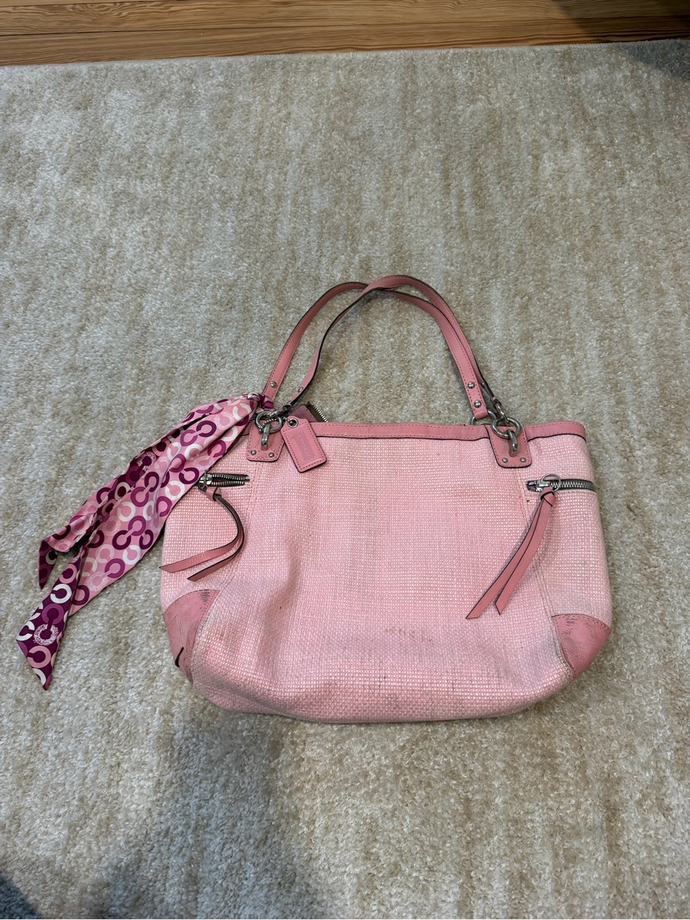 Coach Pink Woven Shoulder Tote with Patterned Scarf Accent